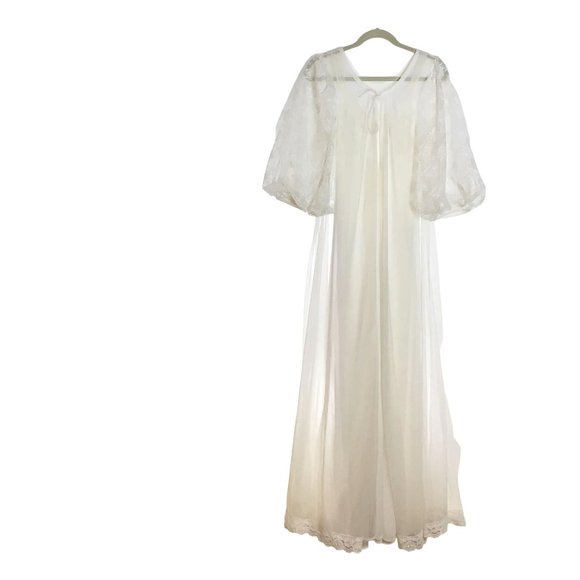 Vintage Jenelle M Tall White Negligee Peignor SET Sheer Chiffon Floral Lace Puff - Picture 1 of 11